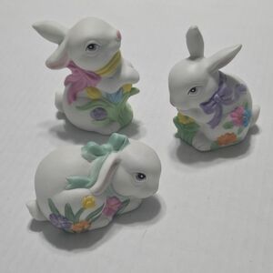Set of 3 Easter Bunny Porcelain Figurine Spring Rabbit Flowers Floral